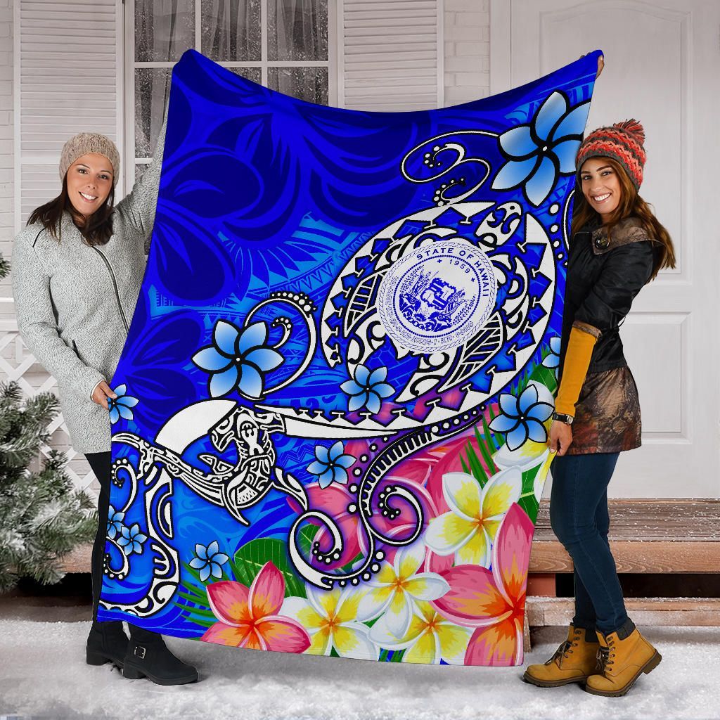 Hawaii Polynesian Premium Blanket - Hawaii Seal With Turtle Plumeria (Blue)