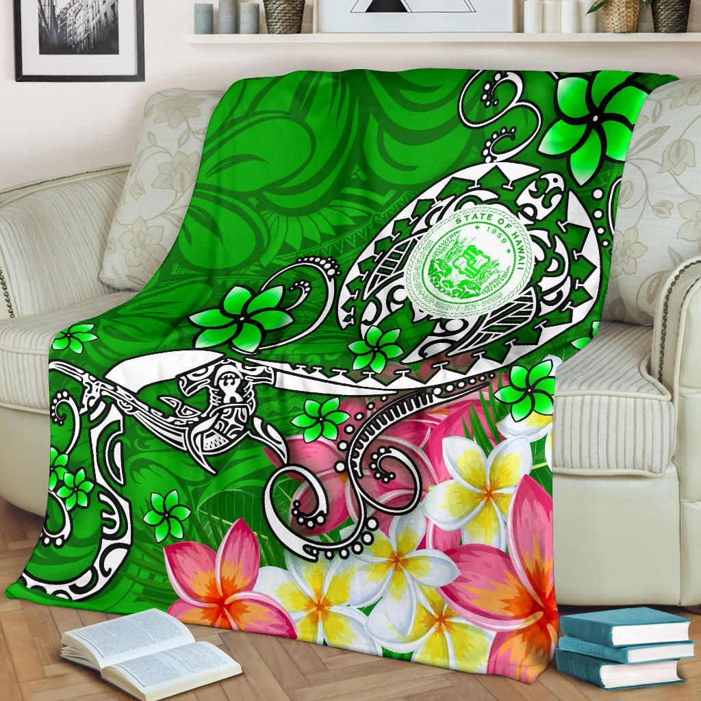 Hawaii Polynesian Premium Blankets - Hawaii Seal With Turtle Plumeria (Green)