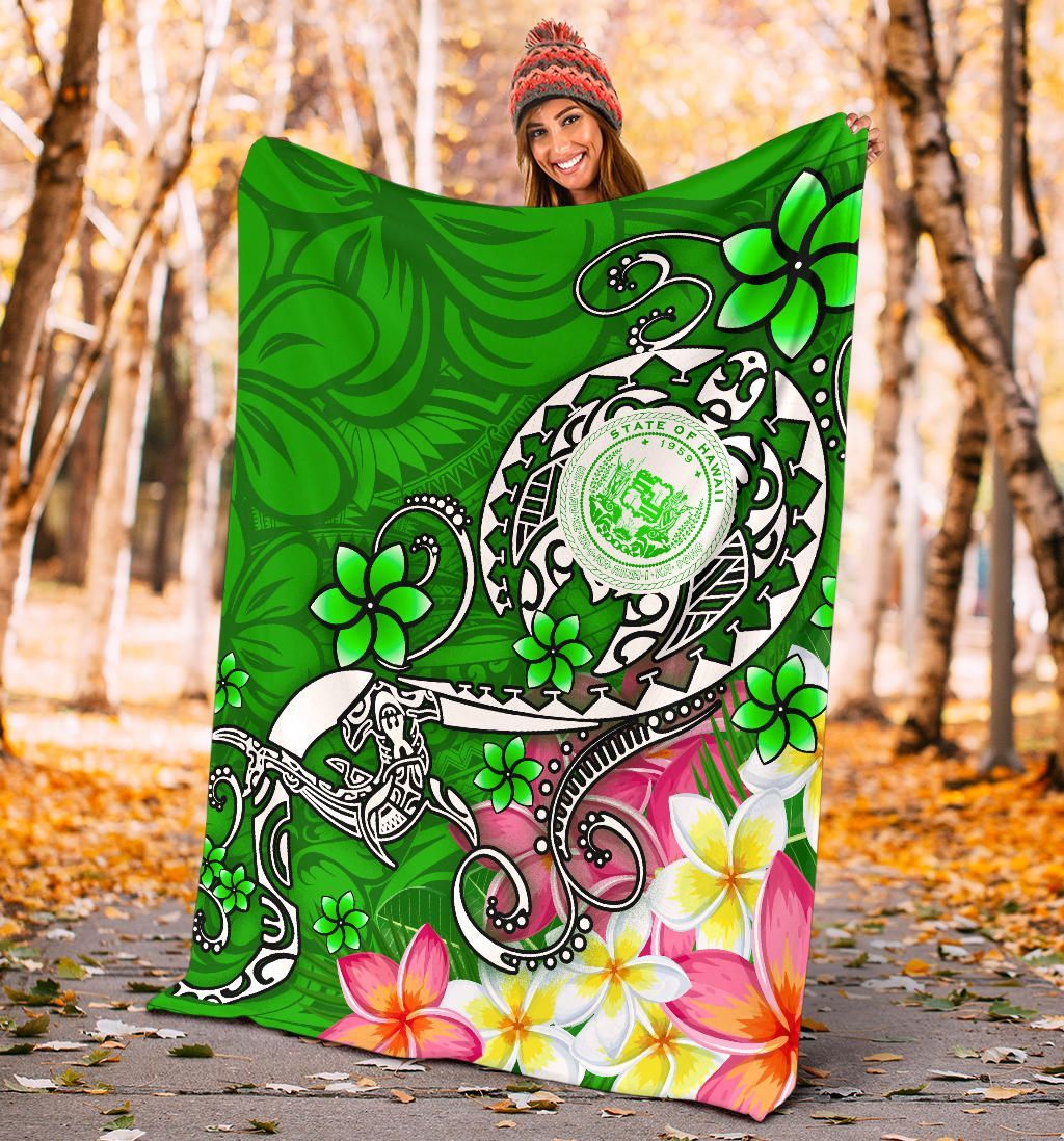 Hawaii Polynesian Premium Blankets - Hawaii Seal With Turtle Plumeria (Green)
