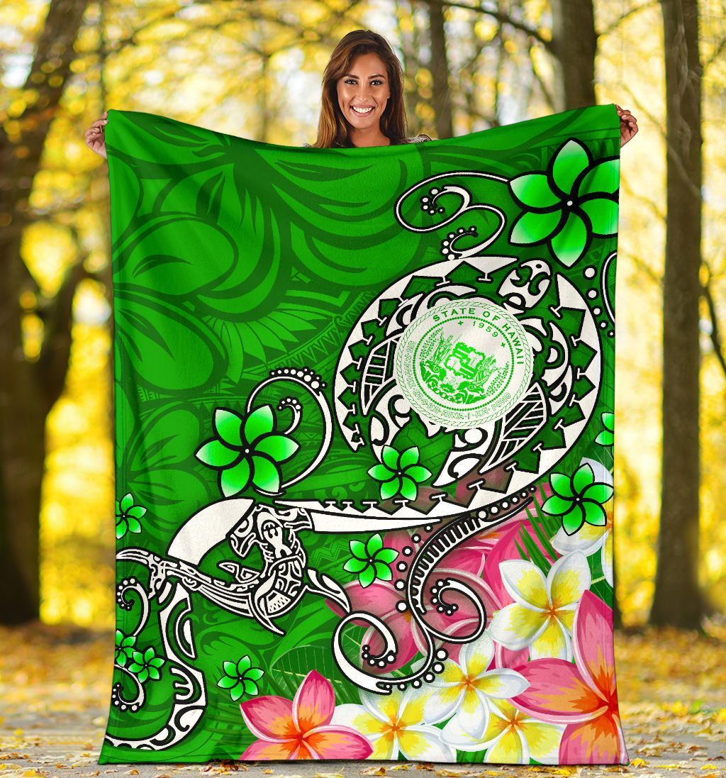 Hawaii Polynesian Premium Blankets - Hawaii Seal With Turtle Plumeria (Green)