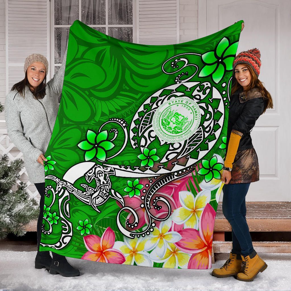 Hawaii Polynesian Premium Blankets - Hawaii Seal With Turtle Plumeria (Green)