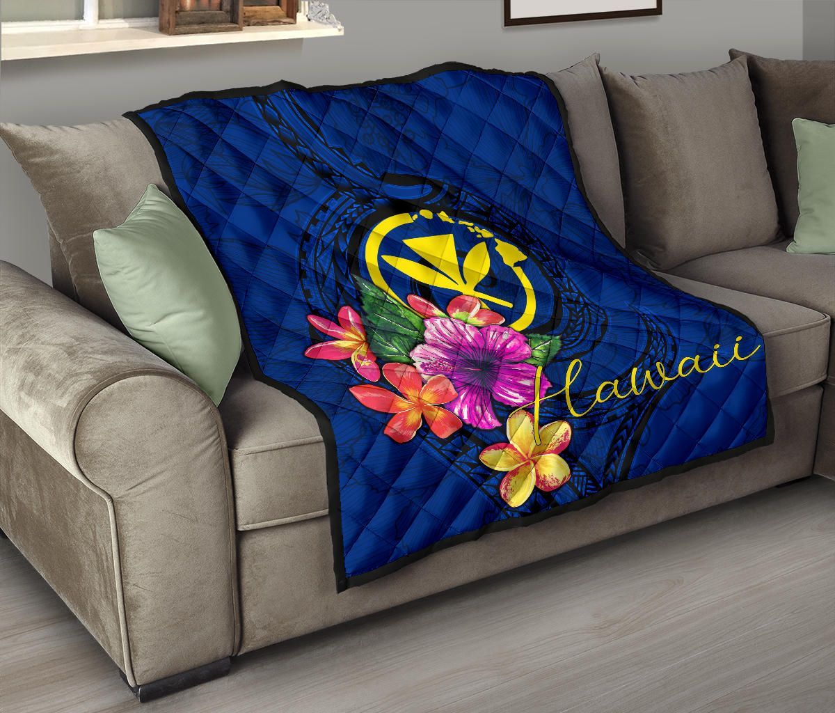 Hawaii Polynesian Premium Quilt - Floral With Seal Blue
