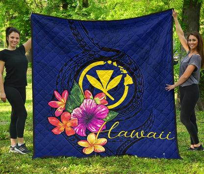 Hawaii Polynesian Premium Quilt - Floral With Seal Blue