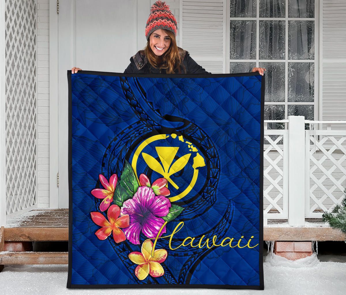Hawaii Polynesian Premium Quilt - Floral With Seal Blue