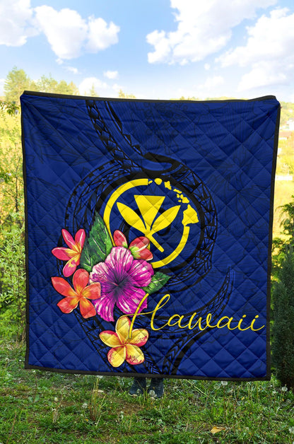 Hawaii Polynesian Premium Quilt - Floral With Seal Blue