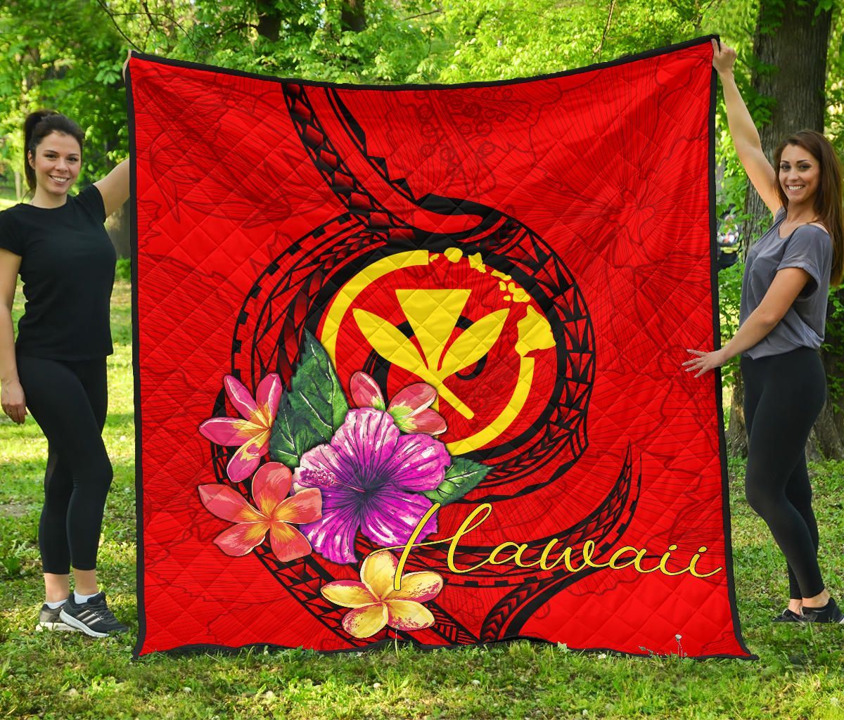 Hawaii Polynesian Premium Quilt - Floral With Seal Red