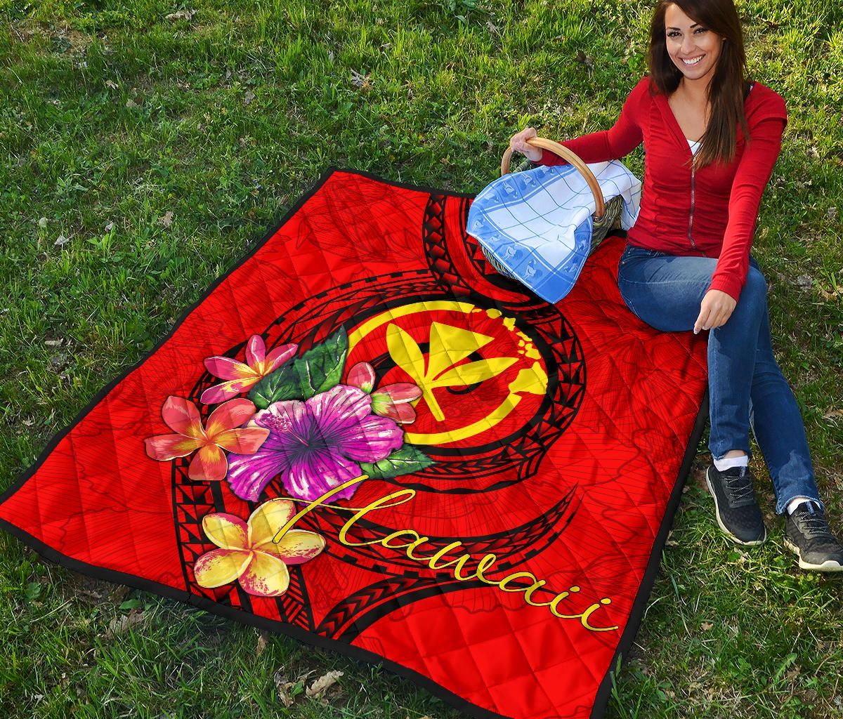 Hawaii Polynesian Premium Quilt - Floral With Seal Red