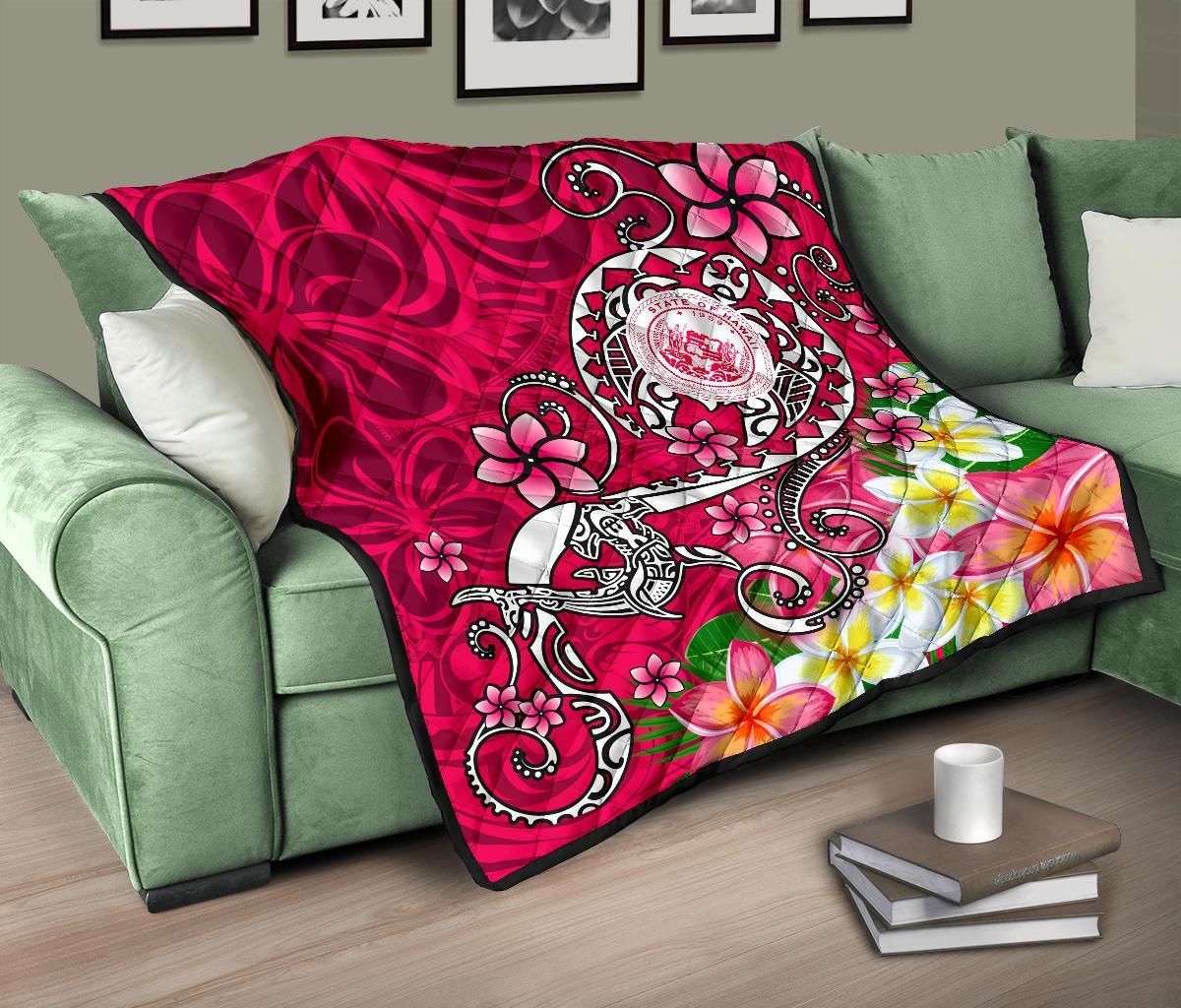 Hawaii Polynesian Premium Quilt - Hawaii Seal With Turtle Plumeria (Pink)