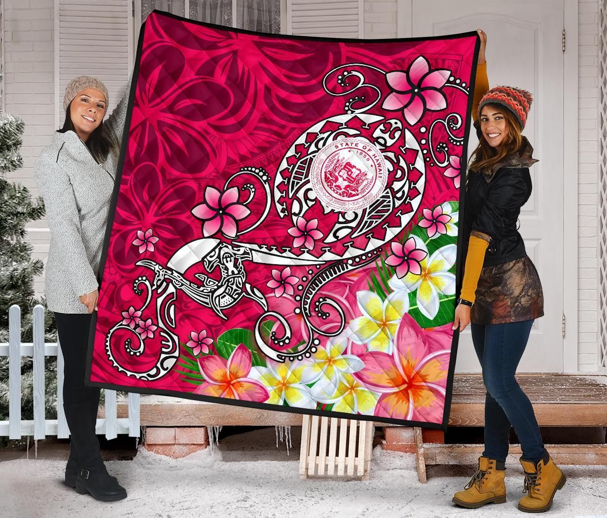 Hawaii Polynesian Premium Quilt - Hawaii Seal With Turtle Plumeria (Pink)