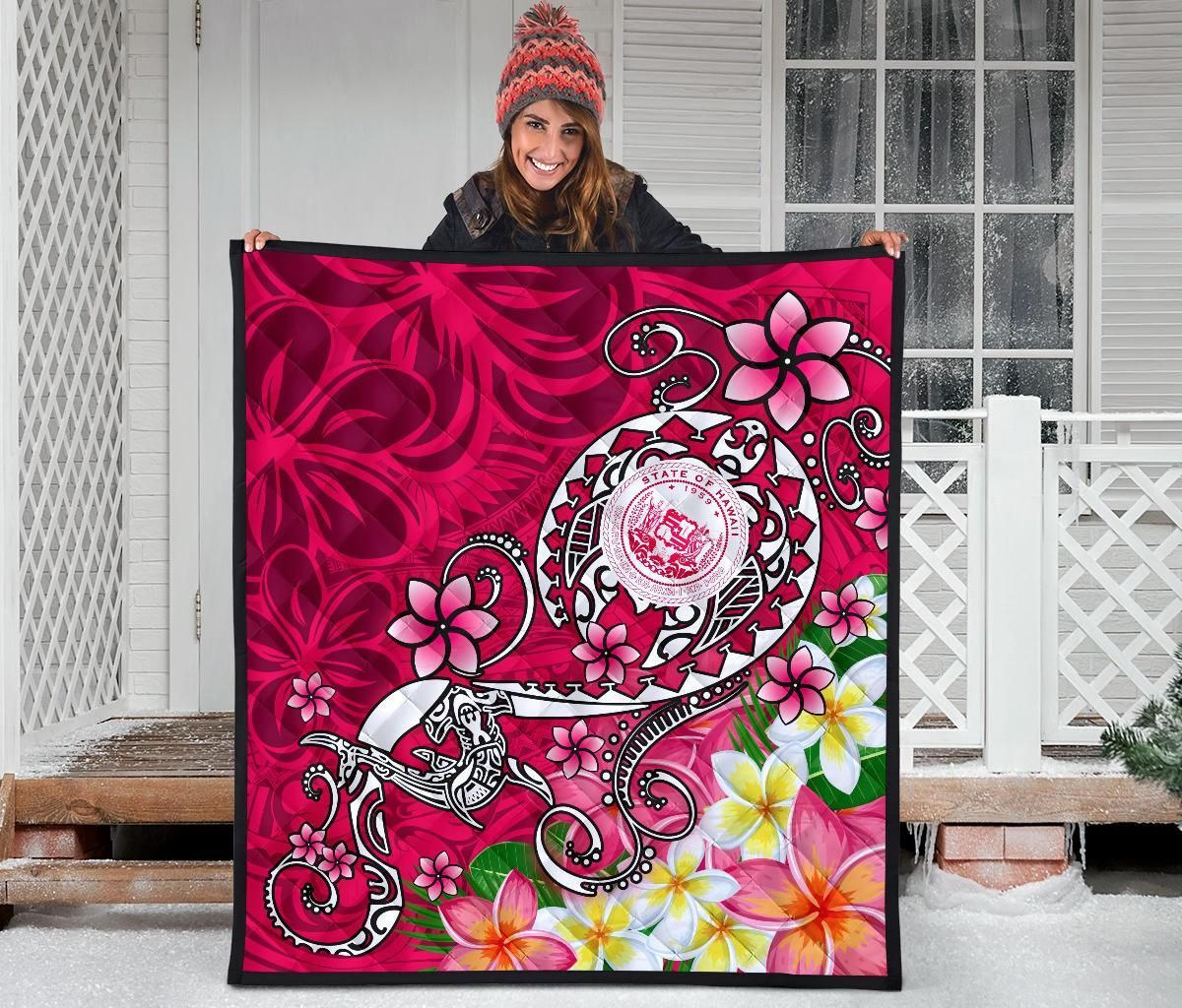 Hawaii Polynesian Premium Quilt - Hawaii Seal With Turtle Plumeria (Pink)