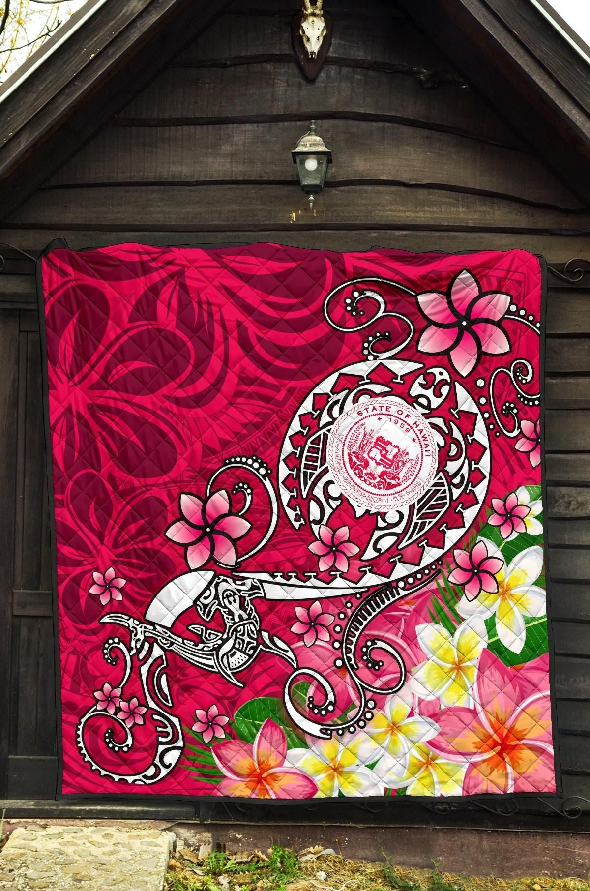 Hawaii Polynesian Premium Quilt - Hawaii Seal With Turtle Plumeria (Pink)
