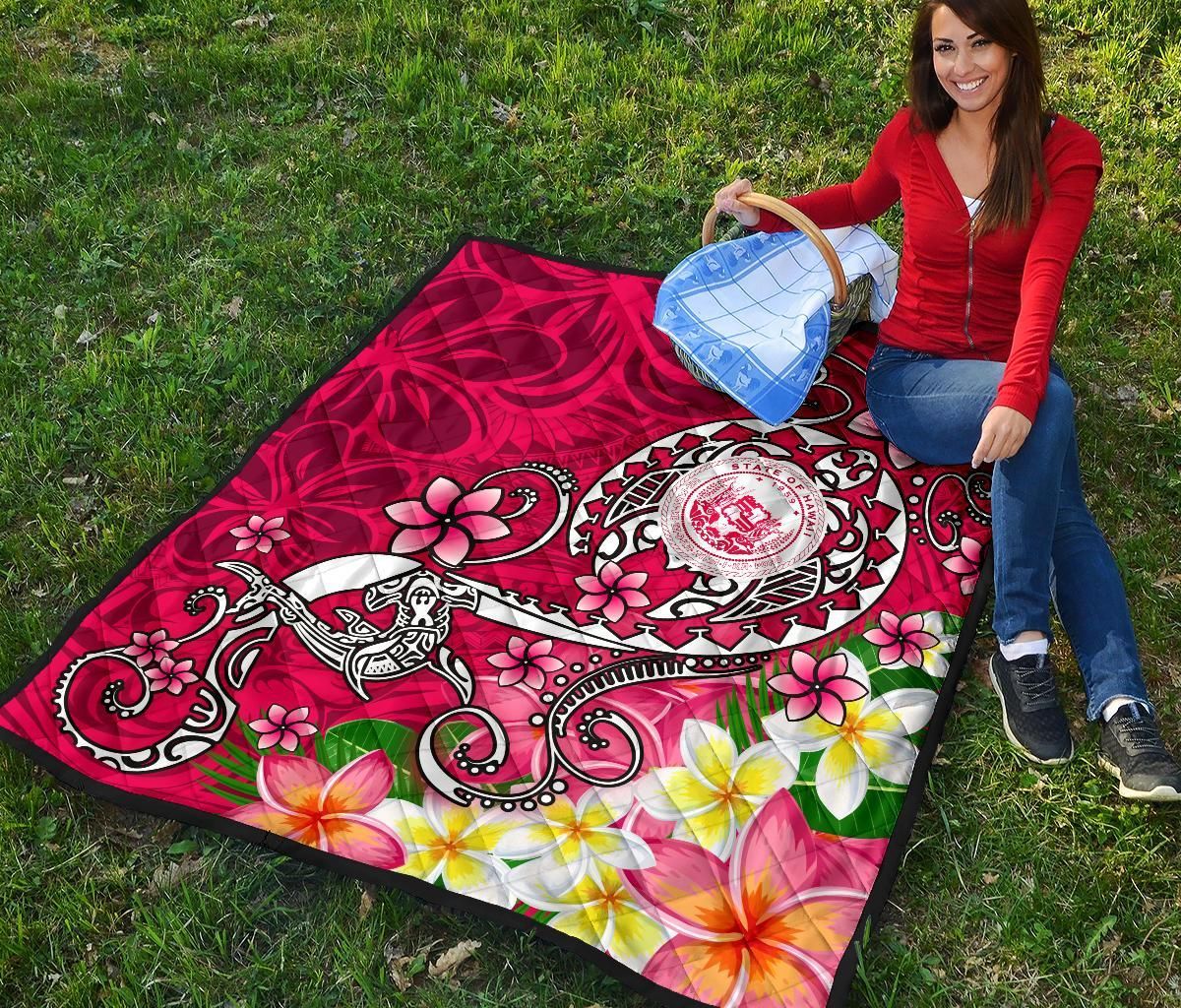 Hawaii Polynesian Premium Quilt - Hawaii Seal With Turtle Plumeria (Pink)