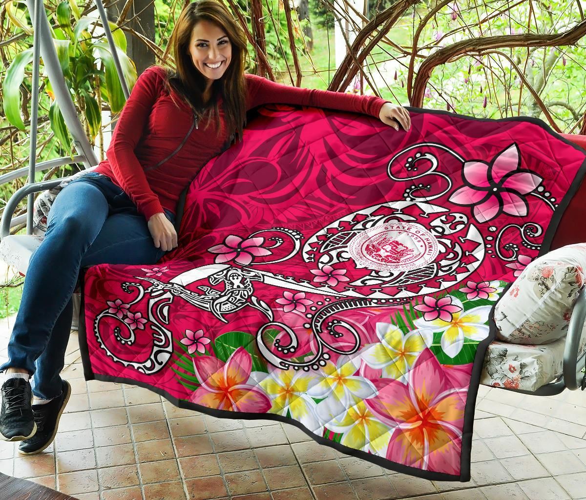 Hawaii Polynesian Premium Quilt - Hawaii Seal With Turtle Plumeria (Pink)