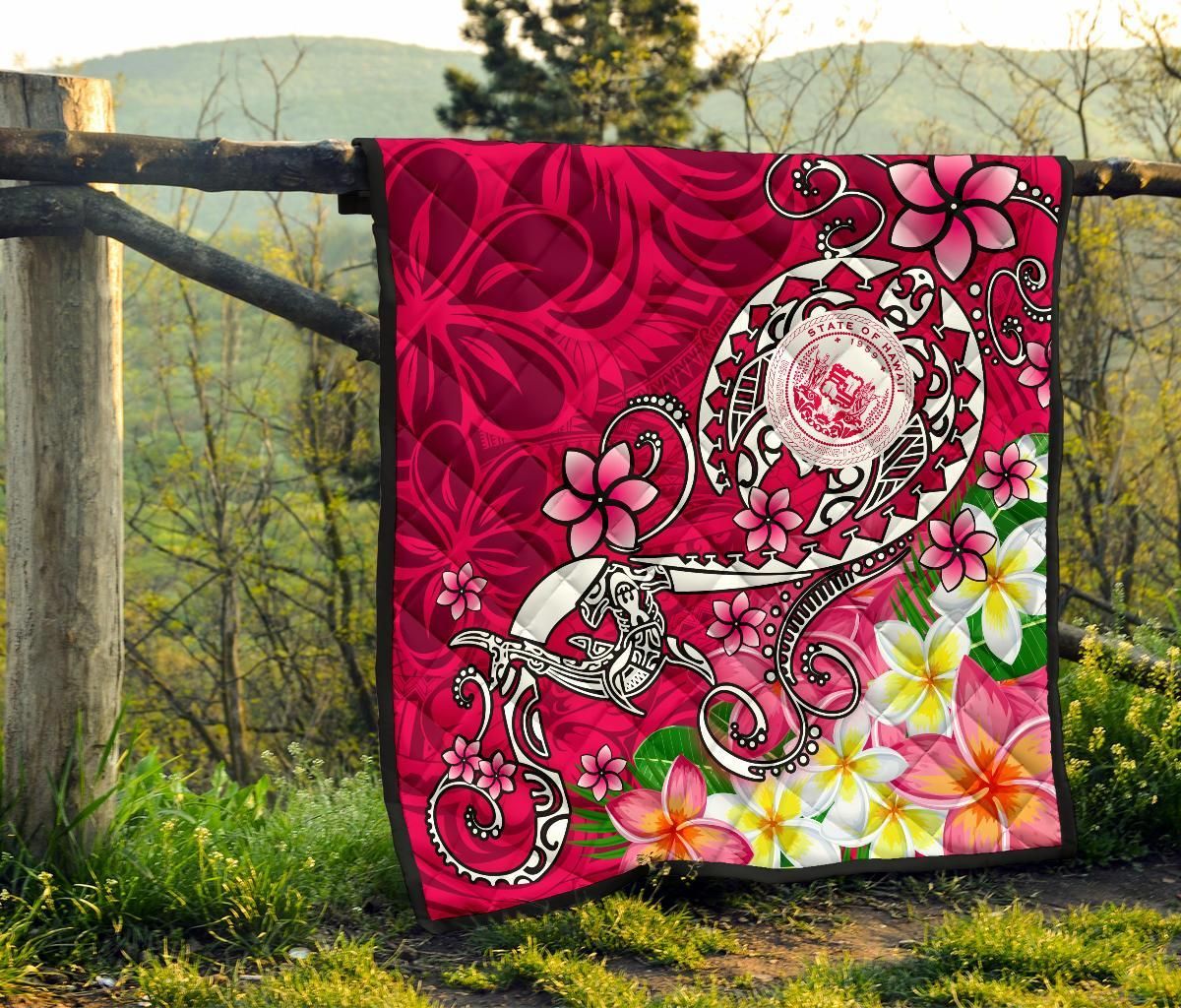 Hawaii Polynesian Premium Quilt - Hawaii Seal With Turtle Plumeria (Pink)