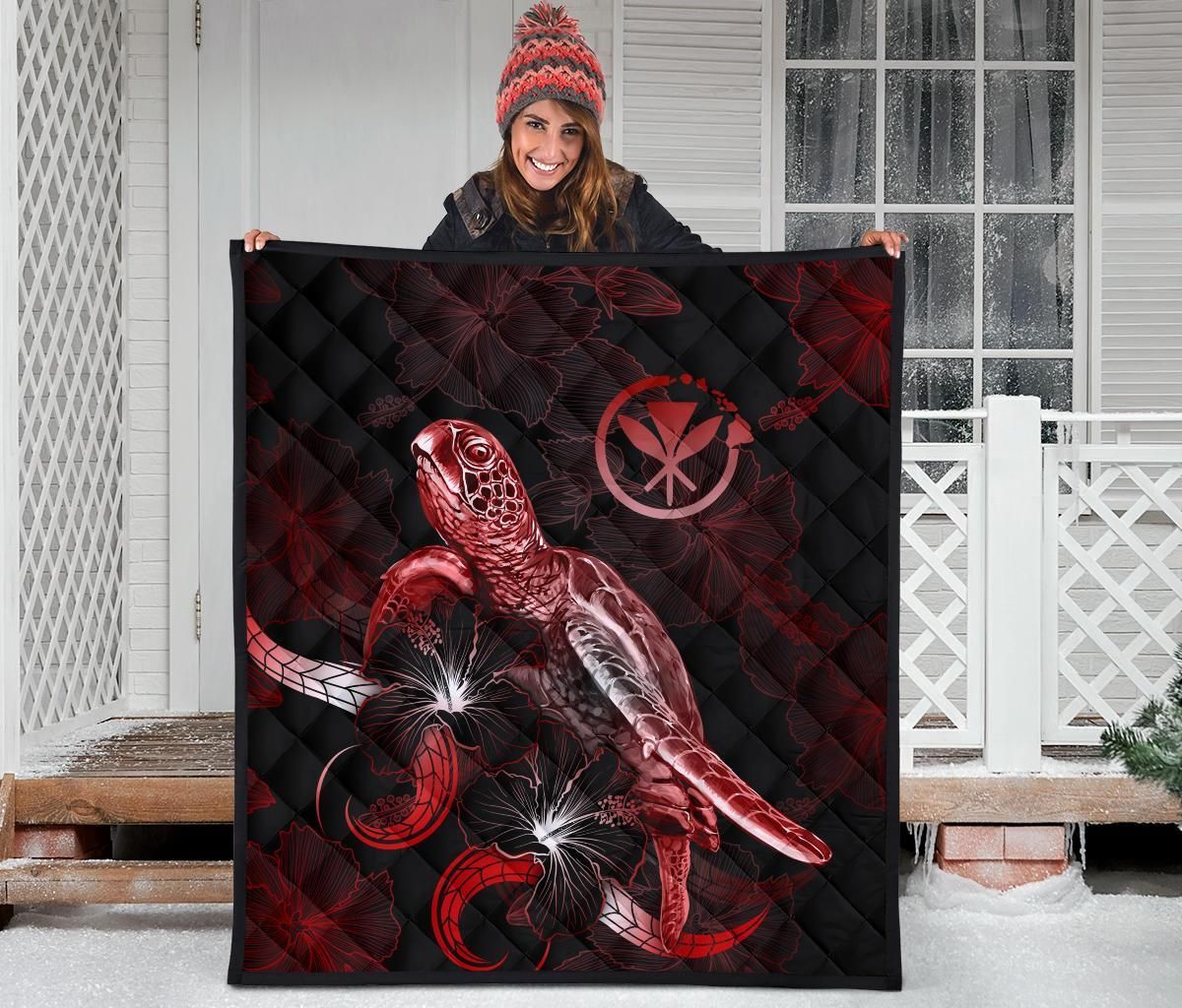 Hawaii Polynesian Premium Quilt - Turtle With Blooming Hibiscus Red