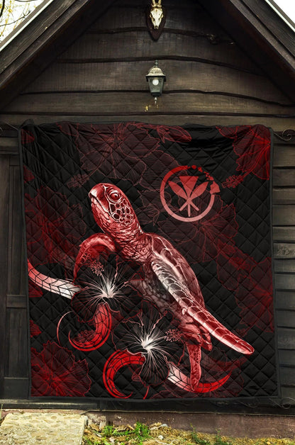Hawaii Polynesian Premium Quilt - Turtle With Blooming Hibiscus Red