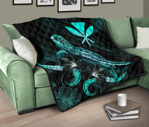 Hawaii Polynesian Premium Quilt - Turtle With Blooming Hibiscus Turquoise