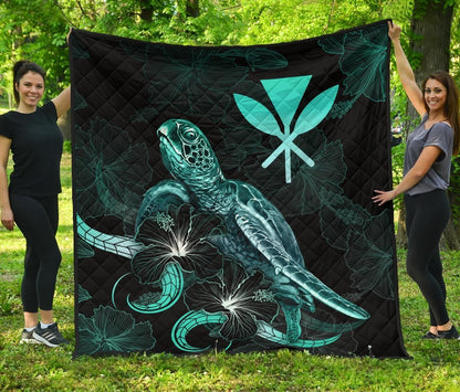 Hawaii Polynesian Premium Quilt - Turtle With Blooming Hibiscus Turquoise