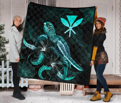 Hawaii Polynesian Premium Quilt - Turtle With Blooming Hibiscus Turquoise