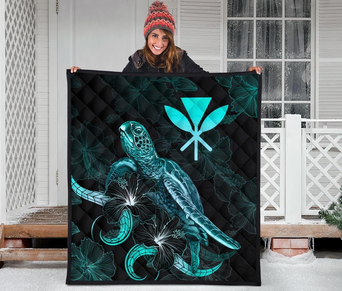 Hawaii Polynesian Premium Quilt - Turtle With Blooming Hibiscus Turquoise