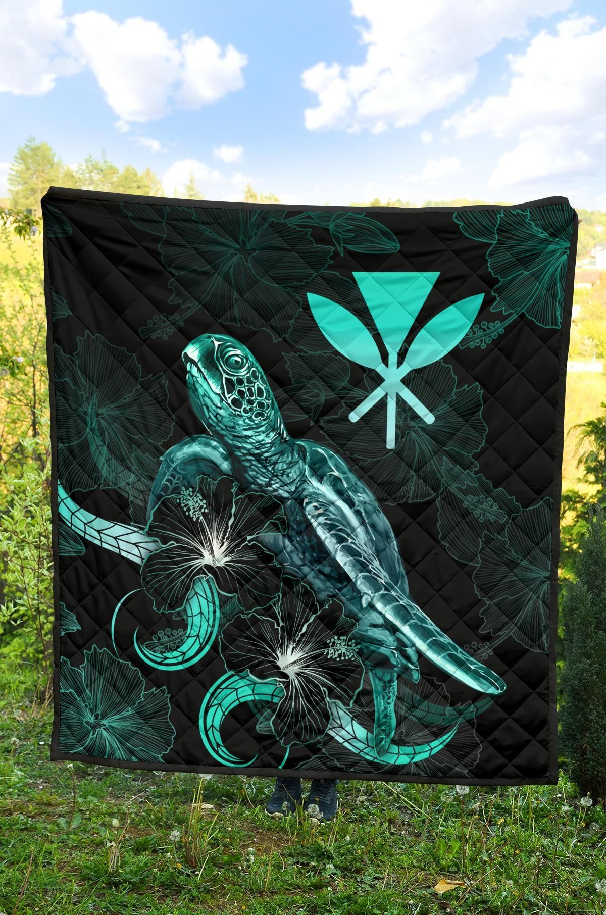 Hawaii Polynesian Premium Quilt - Turtle With Blooming Hibiscus Turquoise