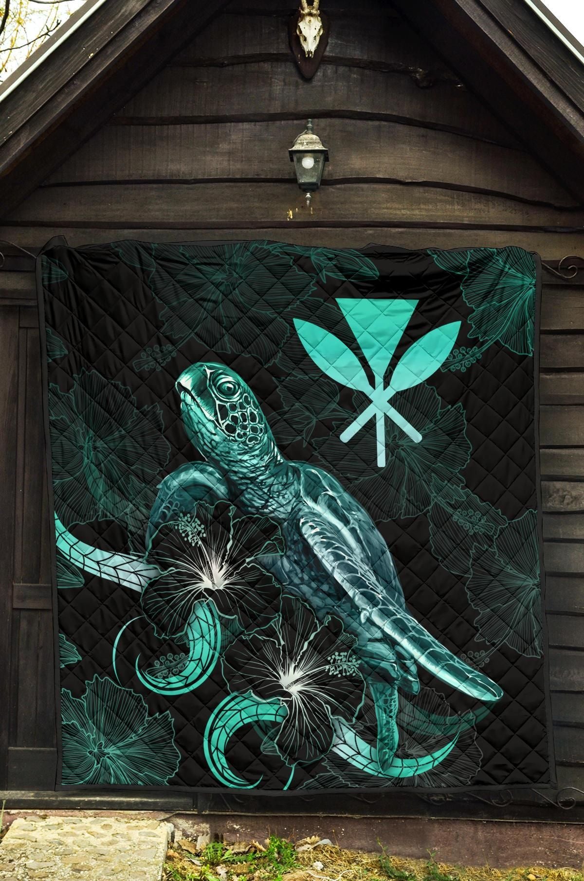 Hawaii Polynesian Premium Quilt - Turtle With Blooming Hibiscus Turquoise