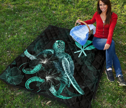 Hawaii Polynesian Premium Quilt - Turtle With Blooming Hibiscus Turquoise