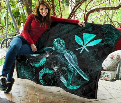 Hawaii Polynesian Premium Quilt - Turtle With Blooming Hibiscus Turquoise