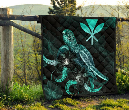 Hawaii Polynesian Premium Quilt - Turtle With Blooming Hibiscus Turquoise