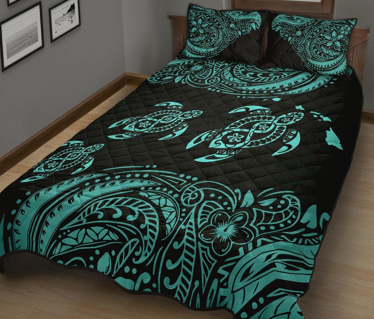 Hawaii Polynesian Quilt Bed Set - Blue Sea Turtle