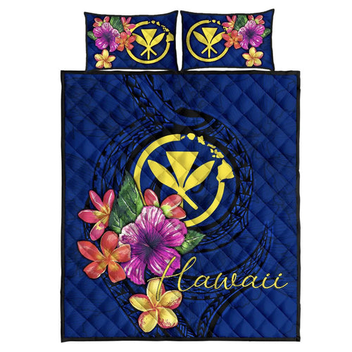 Hawaii Polynesian Quilt Bed Set - Floral With Seal Blue