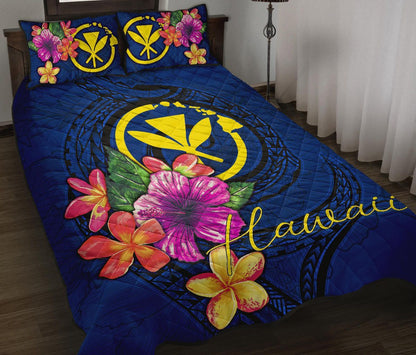 Hawaii Polynesian Quilt Bed Set - Floral With Seal Blue