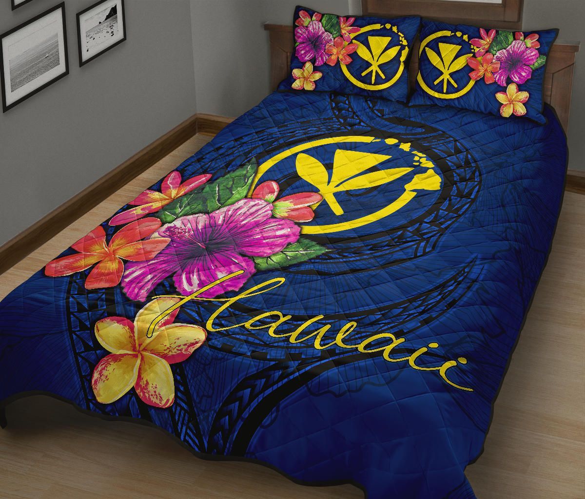 Hawaii Polynesian Quilt Bed Set - Floral With Seal Blue