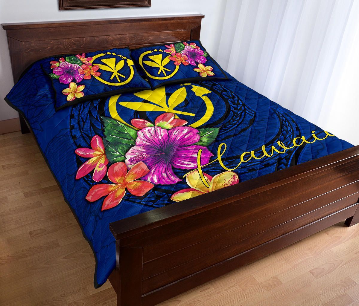 Hawaii Polynesian Quilt Bed Set - Floral With Seal Blue