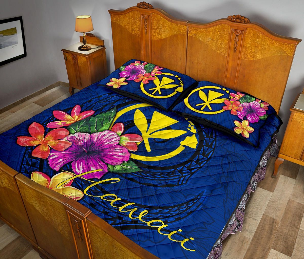 Hawaii Polynesian Quilt Bed Set - Floral With Seal Blue