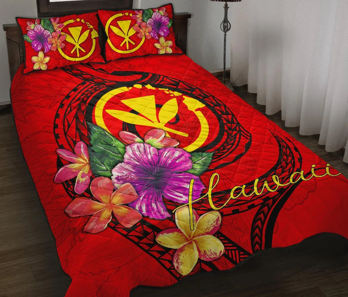 Hawaii Polynesian Quilt Bed Set - Floral With Seal Red