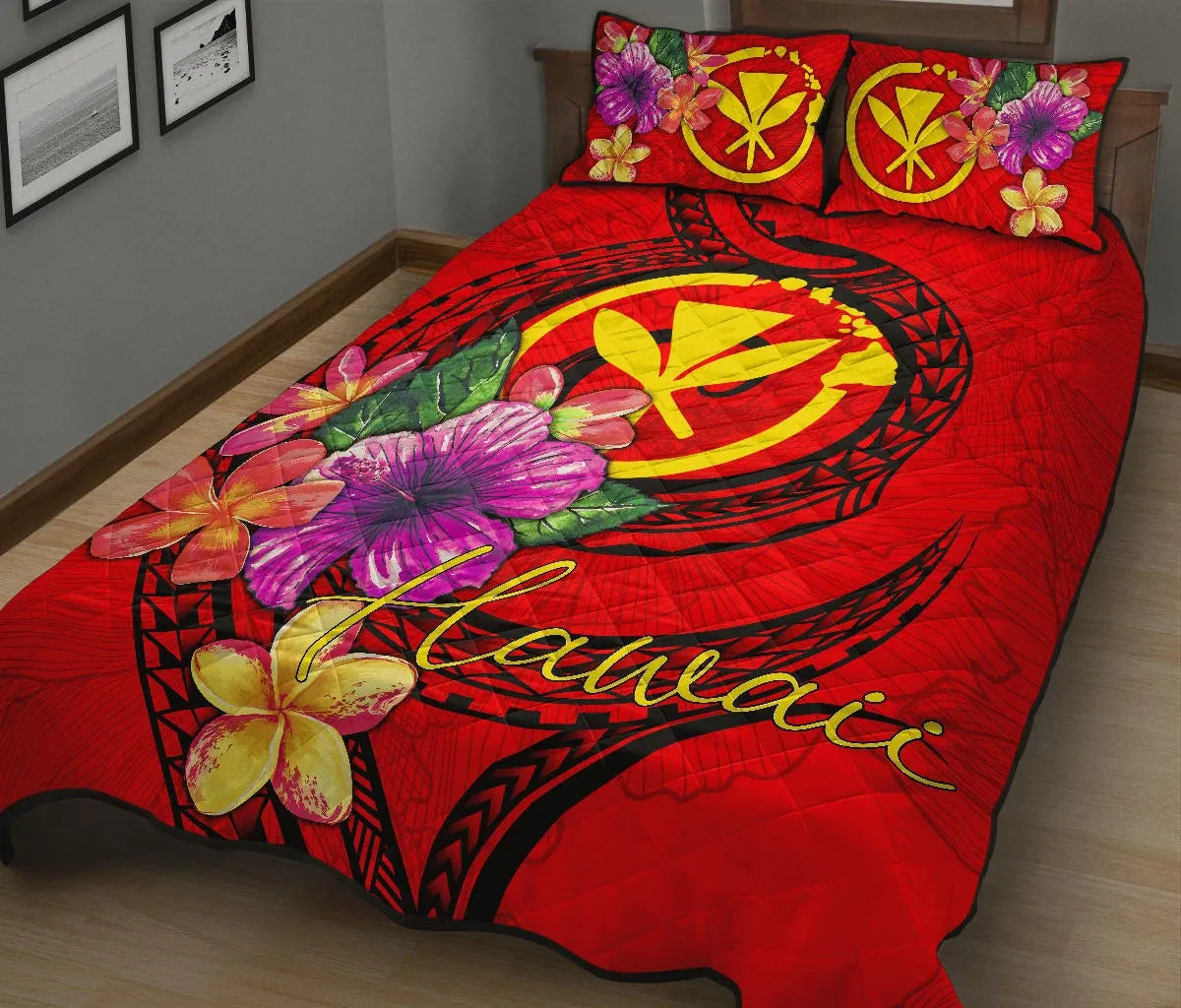 Hawaii Polynesian Quilt Bed Set - Floral With Seal Red