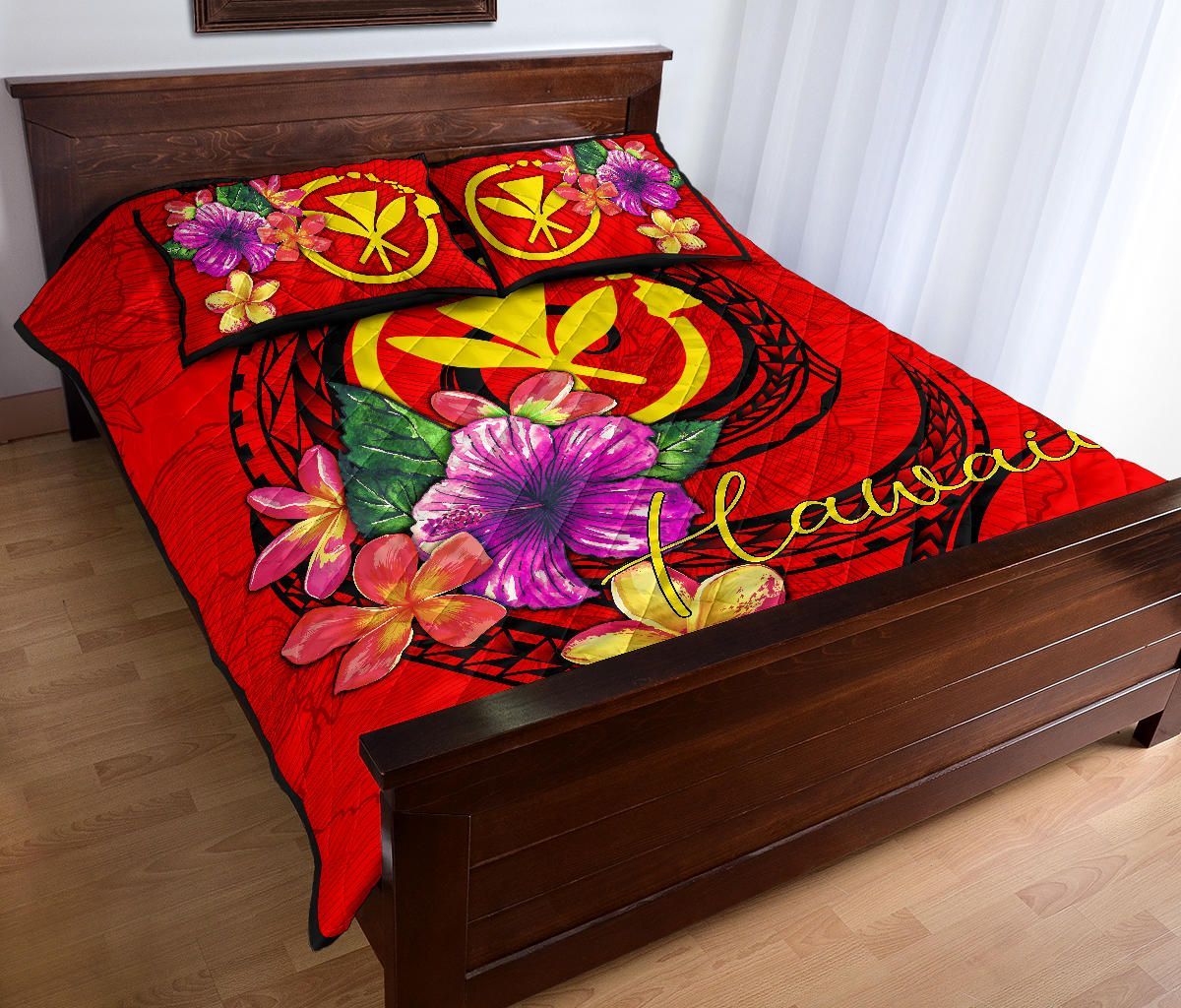 Hawaii Polynesian Quilt Bed Set - Floral With Seal Red