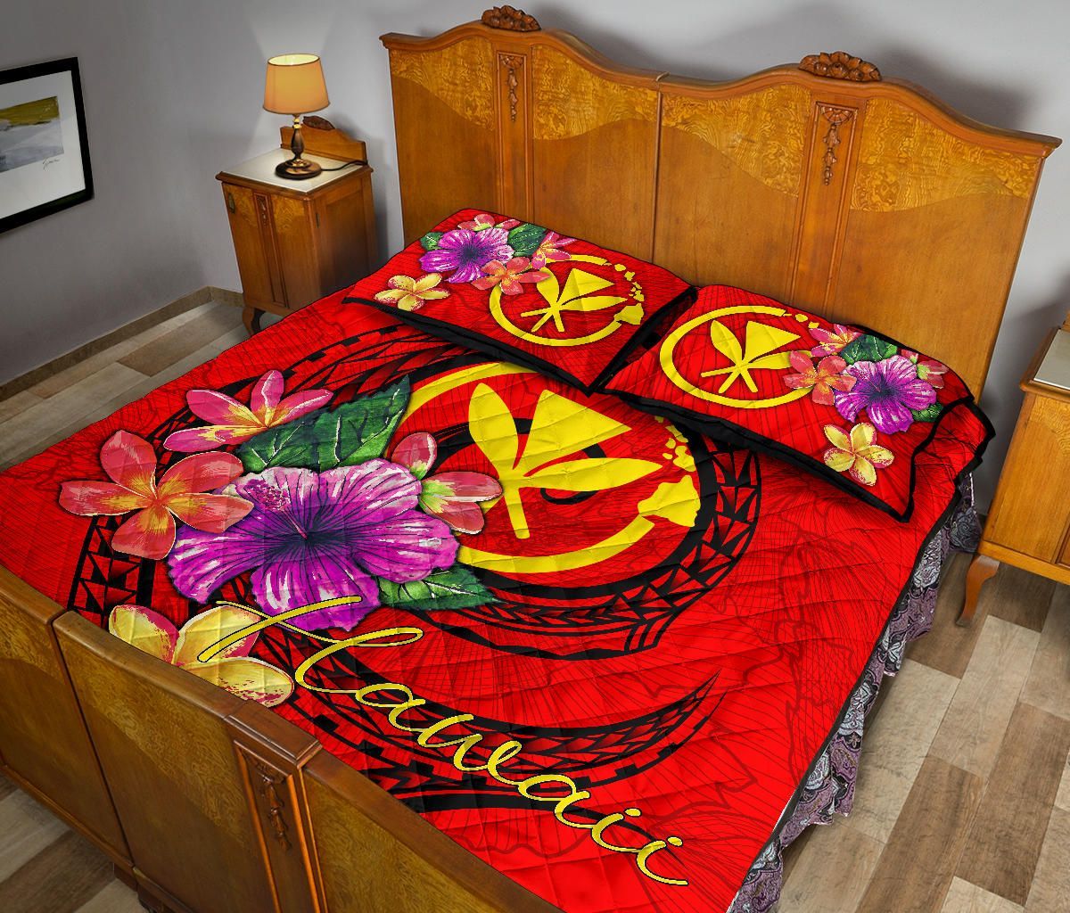 Hawaii Polynesian Quilt Bed Set - Floral With Seal Red