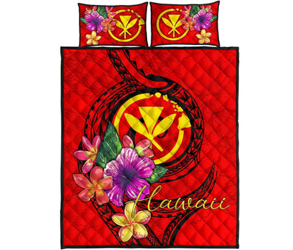 Hawaii Polynesian Quilt Bed Set - Floral With Seal Red