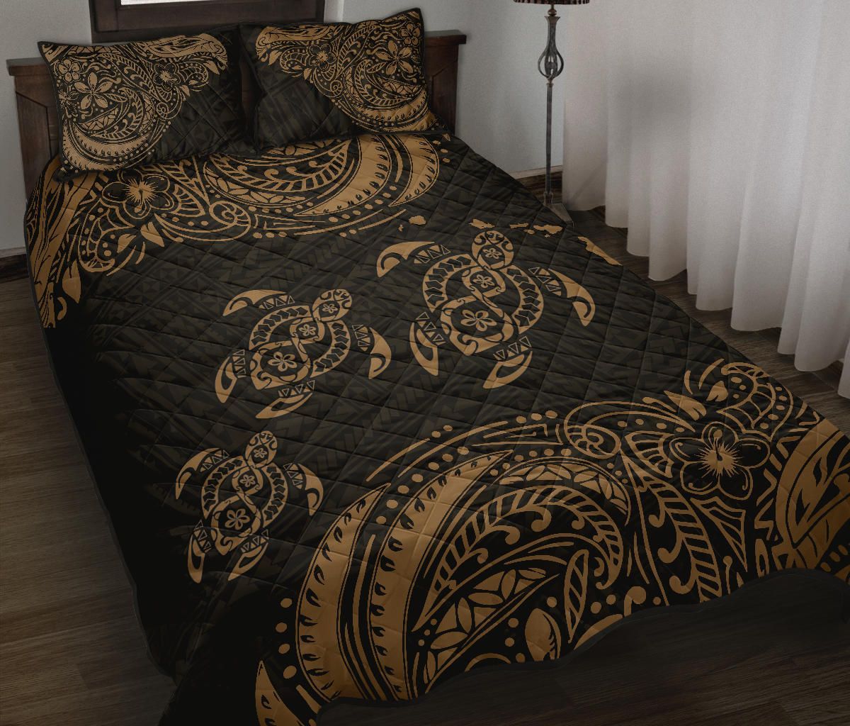 Hawaii Polynesian Quilt Bed Set - Gold Sea Turtle