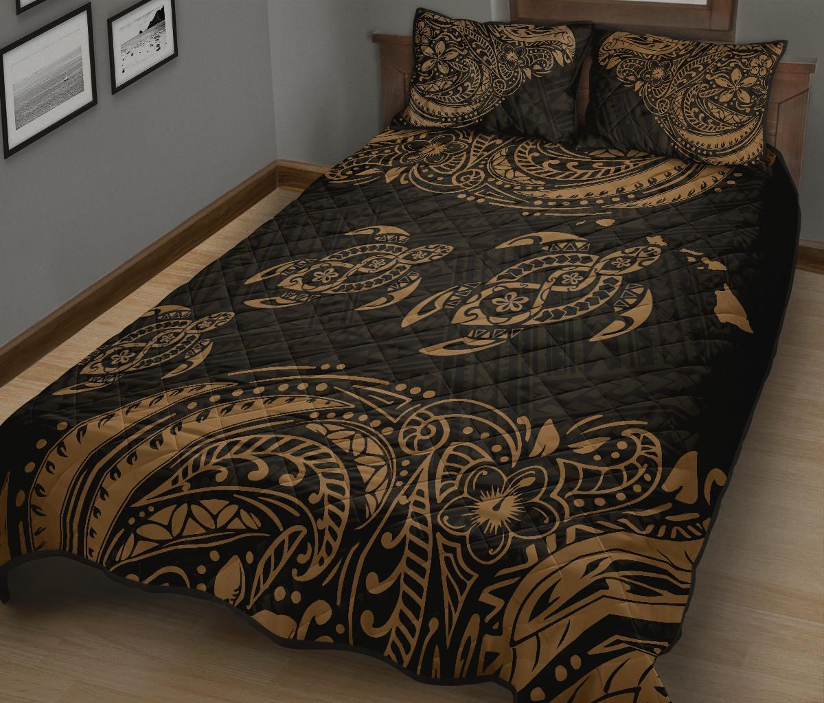 Hawaii Polynesian Quilt Bed Set - Gold Sea Turtle