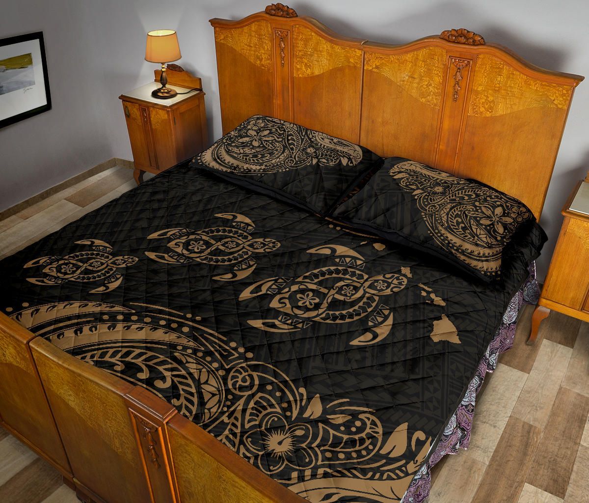 Hawaii Polynesian Quilt Bed Set - Gold Sea Turtle