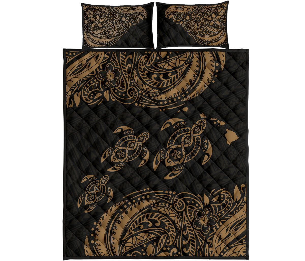 Hawaii Polynesian Quilt Bed Set - Gold Sea Turtle