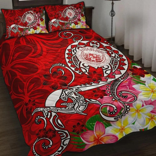Hawaii Polynesian Quilt Bed Set - Hawaii Seal With Turtle Plumeria (Red)