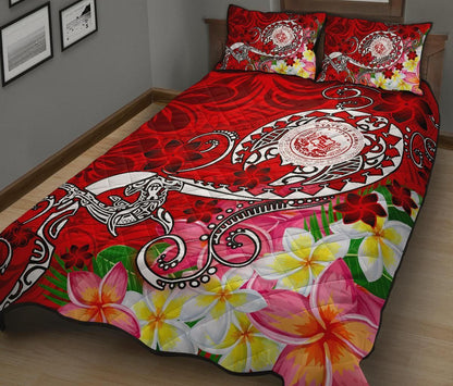 Hawaii Polynesian Quilt Bed Set - Hawaii Seal With Turtle Plumeria (Red)