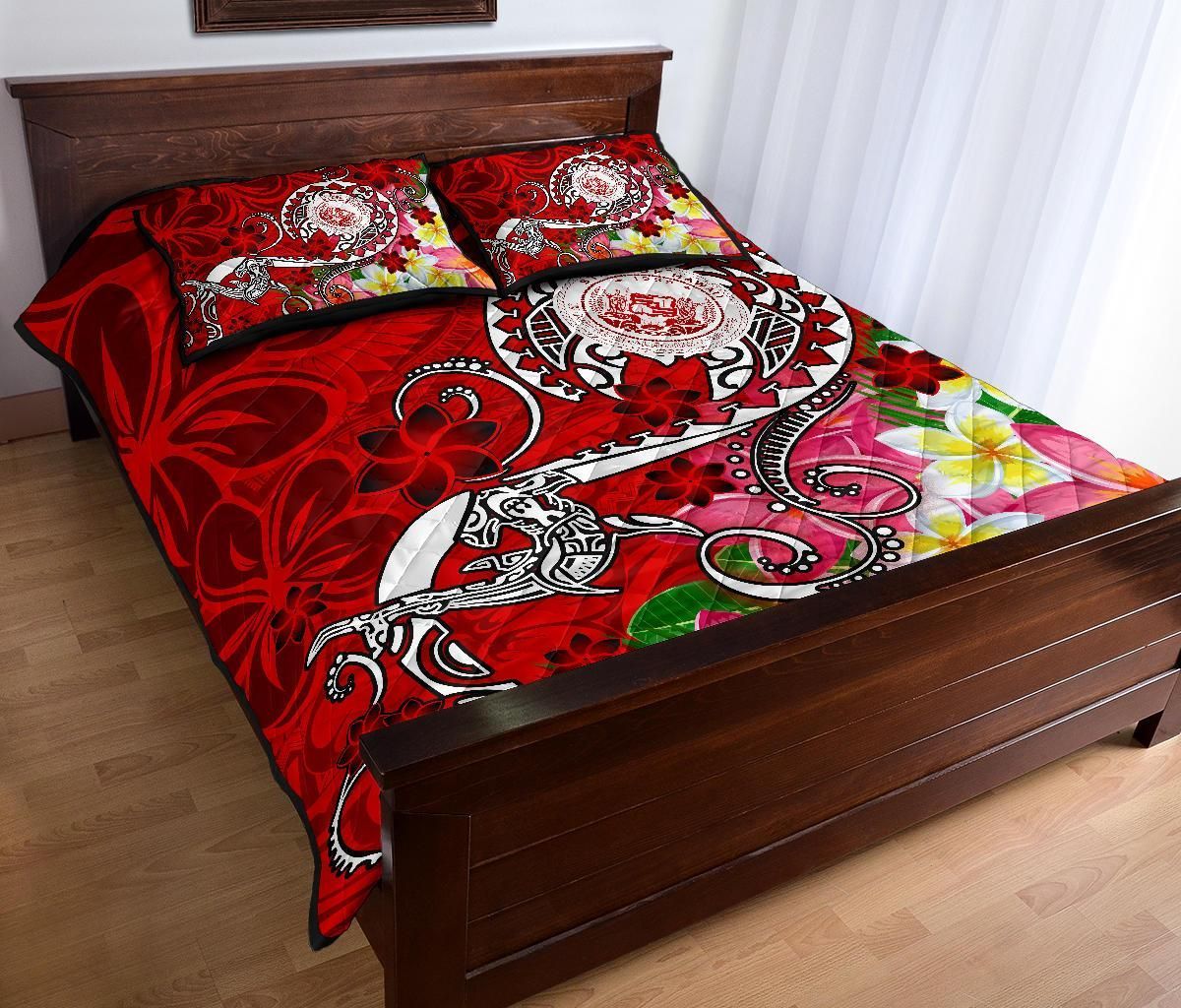 Hawaii Polynesian Quilt Bed Set - Hawaii Seal With Turtle Plumeria (Red)