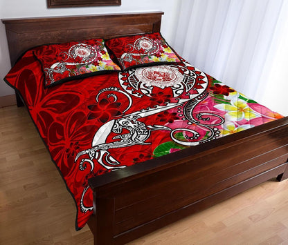 Hawaii Polynesian Quilt Bed Set - Hawaii Seal With Turtle Plumeria (Red)
