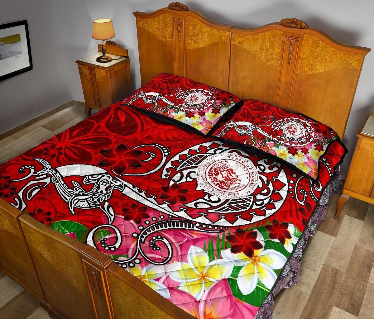 Hawaii Polynesian Quilt Bed Set - Hawaii Seal With Turtle Plumeria (Red)