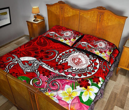 Hawaii Polynesian Quilt Bed Set - Hawaii Seal With Turtle Plumeria (Red)